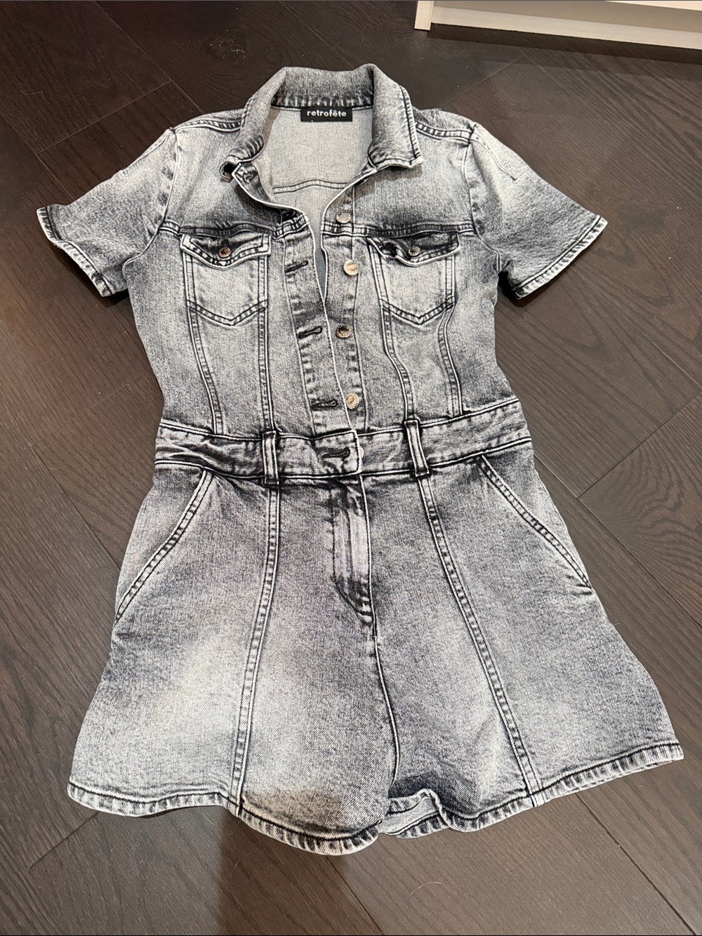 Retrofete Girls' Faded Gray Short Sleeve Denim Romper